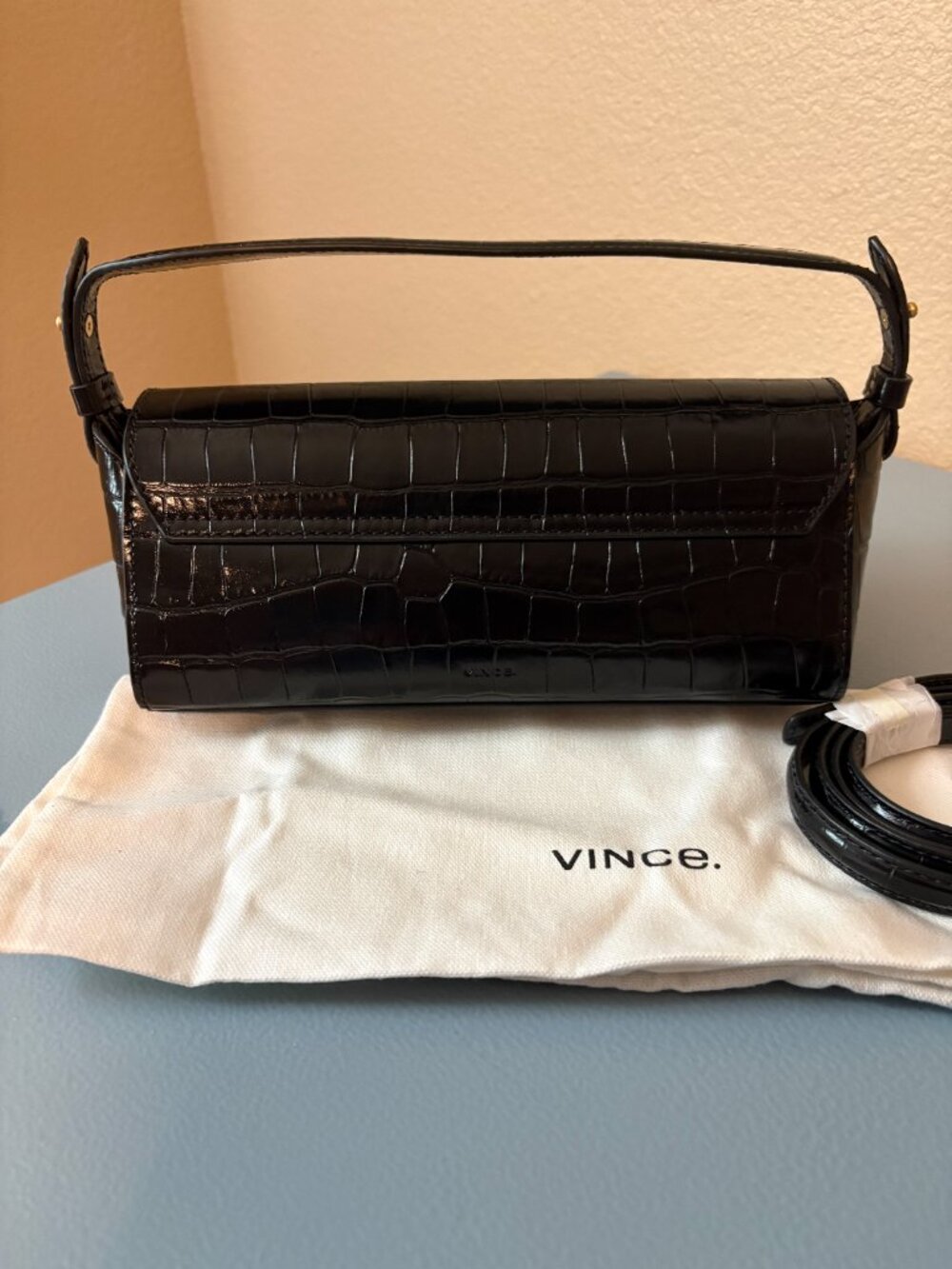 Vince Mini Sabrina Black Croc-Embossed Leather Top-Handle Bag New with Tags